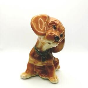 🐾 Vintage Ceramic Beagle‑Style Puppy Figurine • 6” Tall • Brown & Tan • Unmarked